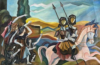 אלכסנדרה אקסטֶר (1882-1949 Alexandra Exter), "קומפוזיציה עם רוכבים". שמן על בד 
חתום (ימין למטה) 