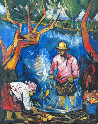 נטליה גונצ'רובה (1881-1962 Natalia Goncharova), סצנת דיג. שמן על בד 
חתום בצד ימין למטה 
מידות: 