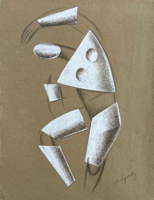 אלכסנדר ארצ'יפנקו (1887-1964 Alexander Archipenko), "דמות אבסטרקטית". עיפרון והדגשות בלבן על 
