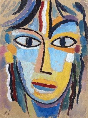 אלכסיי פון יאבלנסקי (1864-1941 Alexej von Jawlensky), "דיוקן אישה". גואש על נייר 
חתום (שמאל 
