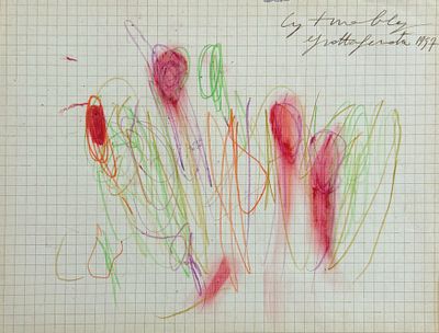 סי טומבלי (1928-2011 Cy Twombly), "גרוטאפרטה, 1959". עפרונות צבעוניים וקריונים שעווה על נייר 