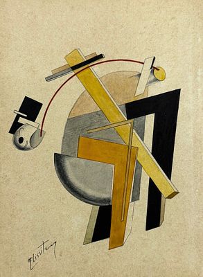 אל ליסיצקי (1890-1941 El Lissitzky), ״פּרוּן", קומפוזיציה סופרמטיסטית. גואש, דיו ואקוורל על נייר 