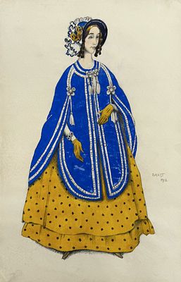 לאון בקסט (1866-1924 Leon Bakst), עיצוב תחפושת לדמות נשית, 1912. אקוורל, דיו ועיפרון על נייר 