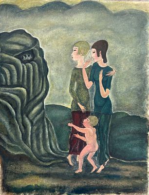 סוגוהארו לאונארד פוג’יטה ‎(Tsuguharu Leonard Foujita, ‏1886-1968), נשים וילד מול סלע . שמן 