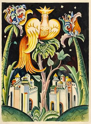 Sergey Chekhonin (1878-1936), Decorative Composition with Figure and Floral Motifs. Gouache on 