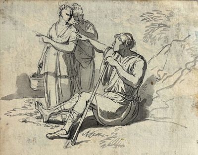 Jean-Antoine Constantin d’Aix( 1756-1844), Classical Genre Scene with Three Figures. Pen and ink 