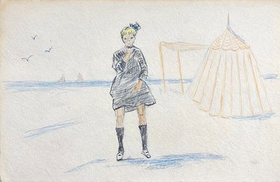 Attributed to Henri Lebasque (1865–1937), Girl on the Beach. Pencil and colored pencil on paper 