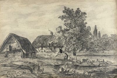 Attributed to Rembrandt van Rijn (1606-1669)
Farm Landscape with Cattle. Sepia and ink on paper 