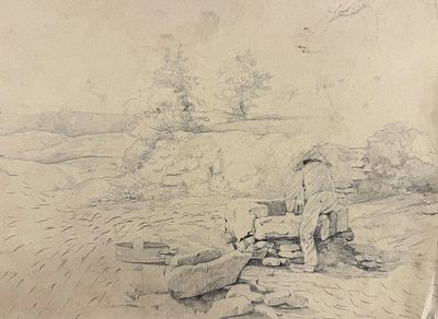 Attributed to Vincent van Gogh (1853-1890)
Landscape with a Figure at a Well. Sepia on paper 