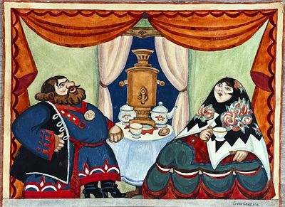 Sergei Sudeikin (1882-1946), Tea Ceremony (Genre Scene with Samovar). Gouache on paper 
Signed 