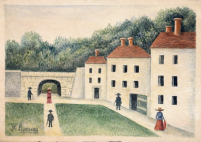 Signed Henri Rousseau (1844-1910), French
"Village Scene with Figures by an Archway ". Gouache 