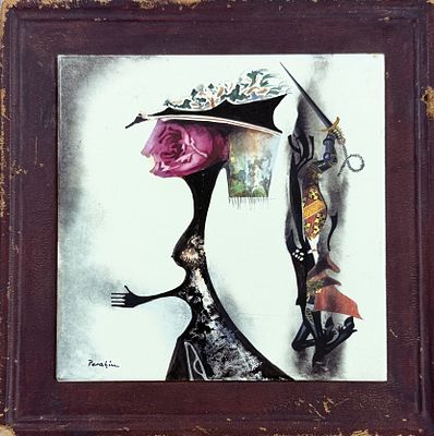 Jules Perahim (1914-2008), "Surrealist Composition". Mixed media on ceramic 
Signed lower left 