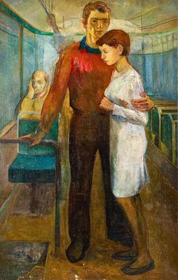 Robert Rafaelovich Falk (1886-1958) "Szene im Zug". Oil on Canvas 
1953 
Signed lower right 