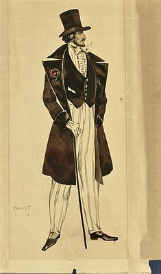 Leon Bakst (1866-1924), "Elegant Gentleman with Cane". Watercolor, ink, and pencil on paper 