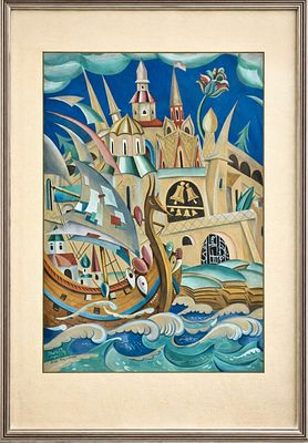 Sergei Chekhonin (1878-1936), 
“Bells Over the Sea”. Gouache on paper 
Signed lower left 