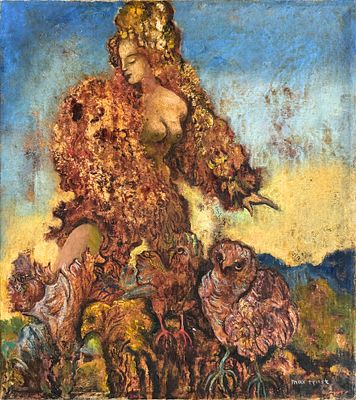Max Ernst (1891–1976), 
Surrealist Composition with Figure and Birds. Oil on canvas 
Signed 