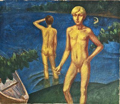 Kuzma Petrov-Vodkin (1878–1939), Figures Bathing in the River . Oil on canvas 
Signed in reverse 