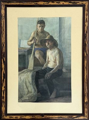 Unknown Artist, Fishermen. Watercolor on paper 
Signed lower left 
Dimensions (including 