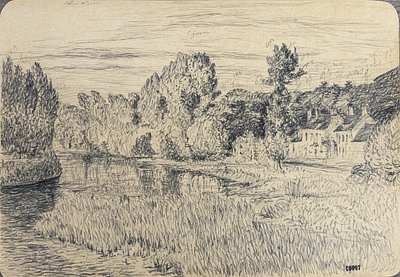 Attributed to Jean Baptiste-Camille Corot (1796-1875), Landscape with Pond. Pencil on paper 