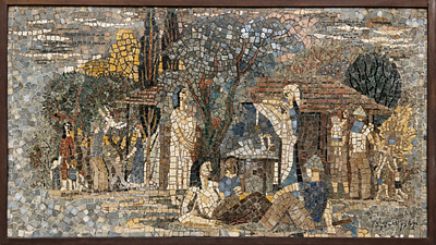 Yohanan Simon (1905-1976), Village Scene. Stone and glass mosaic 
Signed in Hebrew lower right 