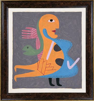 ויקטור בראונר (1903-1966) דמות סוריאליסטית עם ציפור ונחש. גואש וטמפרה על נייר 
1964 
חתום 