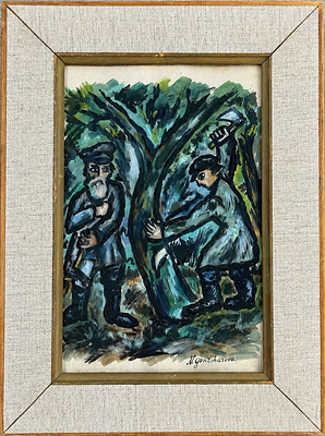 נטליה גונצ’רובה (1881-1962), חוטבי עצים. גואש על נייר 
חתום בפינה הימנית התחתונה 
מידות (כולל 