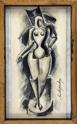 אלכסנדר ארכיפנקו (1887-1964) דמות נשית עומדת. פחם ודיו על נייר 
חתום בפינה הימנית התחתונה 
מידות 