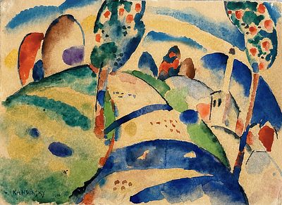 ואסילי קנדינסקי (1866-1944), נוף עם בתים. גואש וצבעי מים על נייר 
חתום ומתוארך 1908 בפינה 