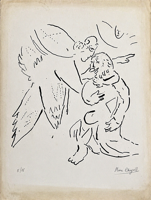 מארק שאגאל (1887-1985), קומפוזיציה תנ”כית ללא כותרת. ליתוגרפיה על נייר 
חתום בפינה הימנית 