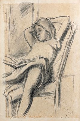 בלתוס (בלתזר קלוסובסקי דה רולה, 1908-2001), דמות נשית שוכבת קוראת. פחם ועיפרון על נייר 
מידות: 