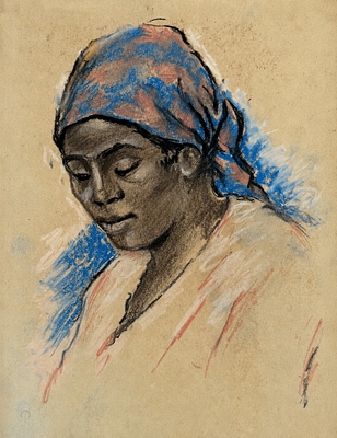 מיוחס לפול גוגן (1848–1903), דיוקן אישה טהיטית. פסטל ופחם על נייר 
ללא חתימה 
מידות: 14.5 &times; 18.7 