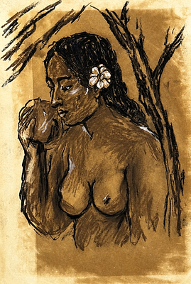 מיוחס לפול גוגן (1848-1903), אטיוד נשי. פסטל ופחם על נייר 
חתום בפינה הימנית התחתונה 
מידות: 15 