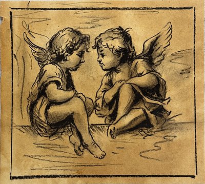 מיוחס לרמברנדט ואן ריין (1606–1669), מחקר של שני מלאכים. פחם על נייר 
ללא חתימה 
מידות: 17.5 &times; 