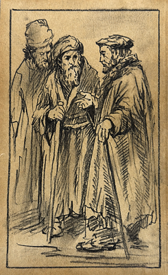 מיוחס לרמברנדט ואן ריין (1606–1669), מחקר של שלוש דמויות. פחם על נייר 
ללא חתימה 
מידות: 13 &times; 22 