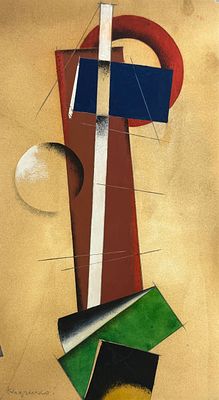 אלכסנדר רודצ׳נקו (1891–1956), קונסטרוקציה סופרמטיסטית. גואש על נייר 
חתום בפינה השמאלית התחתונה 