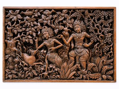 Hand-carved wooden relief, Bali, Indonesia, early 20th century. Hand-carved wooden relief 