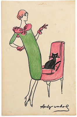 Andy Warhol (1928-1987), Woman with Cat. Mixed media on paper 
Signed lower right 
Dimensions: 