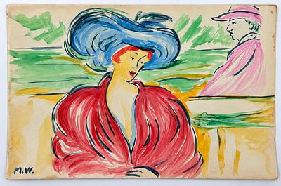 Attributed to Edvard Munch (1863-1944)
Elegant Woman in a Blue Hat. Watercolor on paper 
Signed 