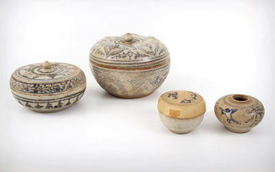 A Pair of Thai Sawankhalok Painted Lidded Boxes and a Small Lidded Box and Jar, 13th-14th Century. 