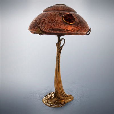 A Fine, Art Nouveau, Majorelle Style Copper Mushroom Table Lamp, Nancy, France, Circa 1920. 