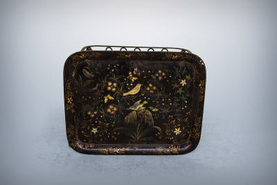 An 18th Century Garden Table Comprised of an Antique Painted Tray and a 1950's Wrought Iron Base. 