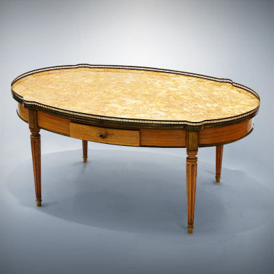 A Louis XVI Style Mahogany Wood and Marble Top Oval Coffee Table, Late 19th Century. 