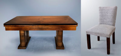 An Art Deco Walnut Root Dining Set, Circa 1930. Dimensions Table: height:77 cm; width: 170 