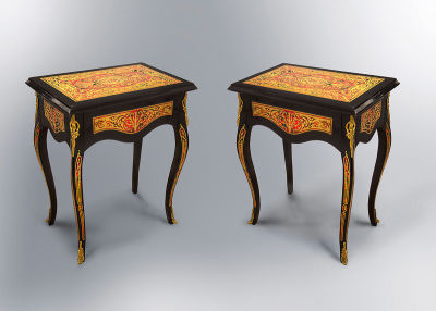 A Pair of "Boulle" Style Side Tables. Dimensions Height: 75 cm; width: 60 cm; depth: 40.5 cm 