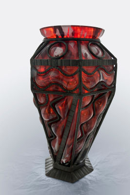 An Art Deco "Verreries D'Art Lorrain" Glass and Iron Vase, France, Circa 1930. Dimensions 