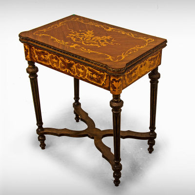 An Opening Antique Dutch Game Table Inlaid with Exotic Woods, 19th Century. Dimensions 