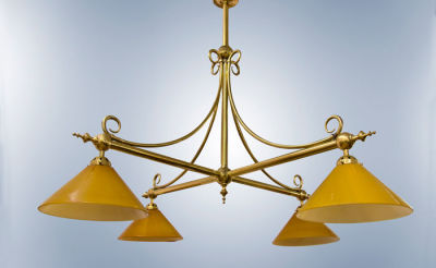 A Billiard Table Chandelier. Dimensions Height: 100 cm; diameter: 130 cm Details A copper 