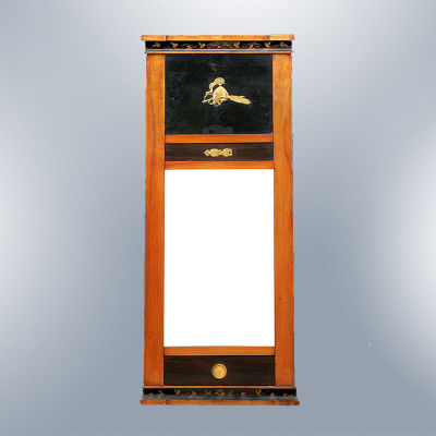 An Empire Mahogany Marquetry and Gilt Brass Mirror. Dimensions Height: 112 cm; width: 46 cm 
