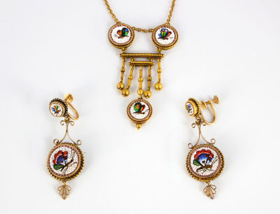 A Roman Micro Mosaic and Gold Demi Parure, Italy,19th Century. Dimensions Length of necklace 