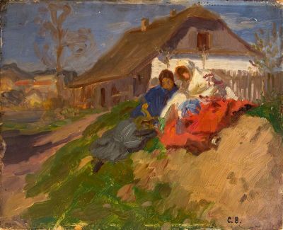 Female Figures in a Rustic Landscape 
By Bela Czobel 1883-1974. Description 
Signed in 